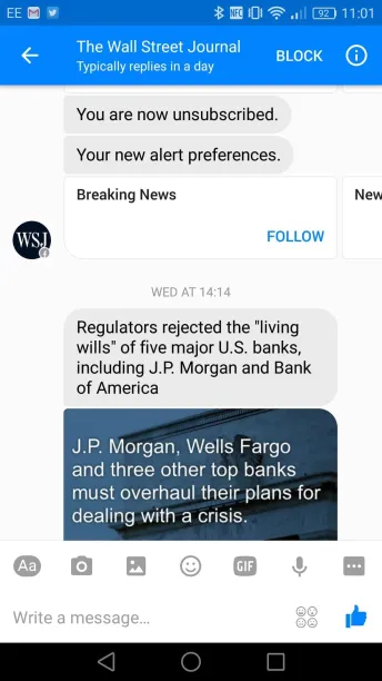 Wall Street Journal bot does not process the unsubscribe command