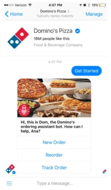 Dominos pizza receives an order via chatbot.