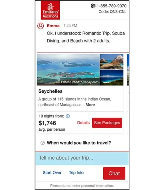 Emirates vacation chatbot user interface
