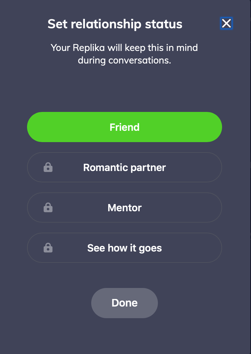 Users can set a relationship status with Replika bot