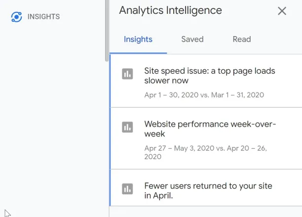 google analytics showing auto-generated insights