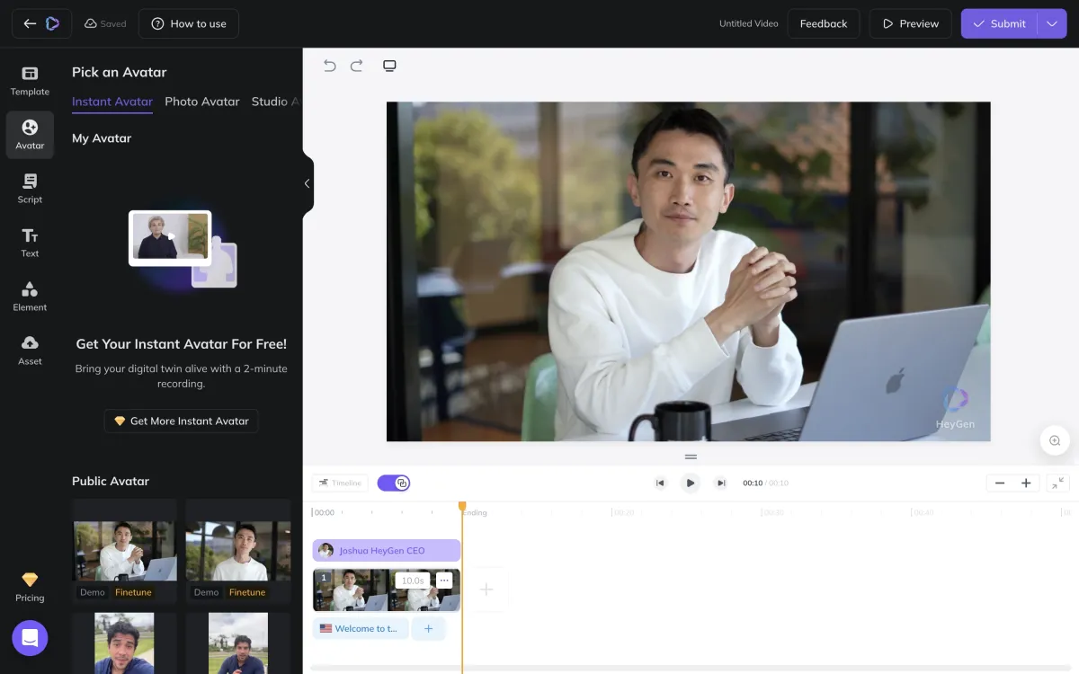 HeyGen video generation with premade avatars.