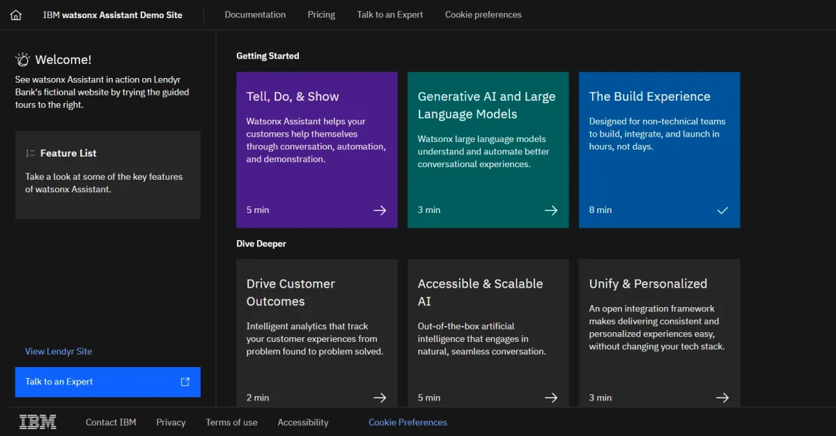 IBM's visual chatbot builder demo page.