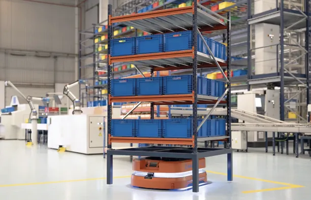 An example of autonomous warehouse robots helping transport shelving units
