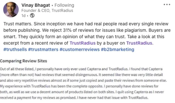 Review shared by Trustradius CEO on how users react to incentives