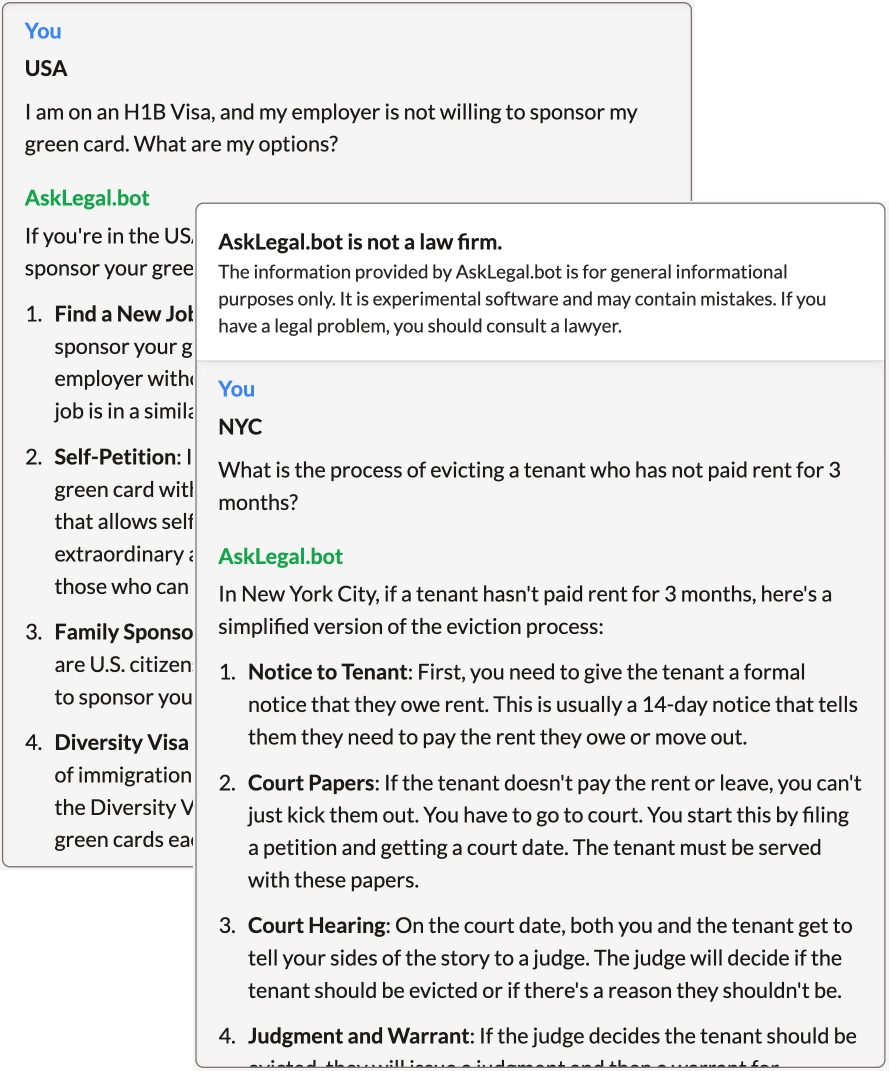 The image shows how to use Legal AI as a legal chatbot to respond quieries of clients.