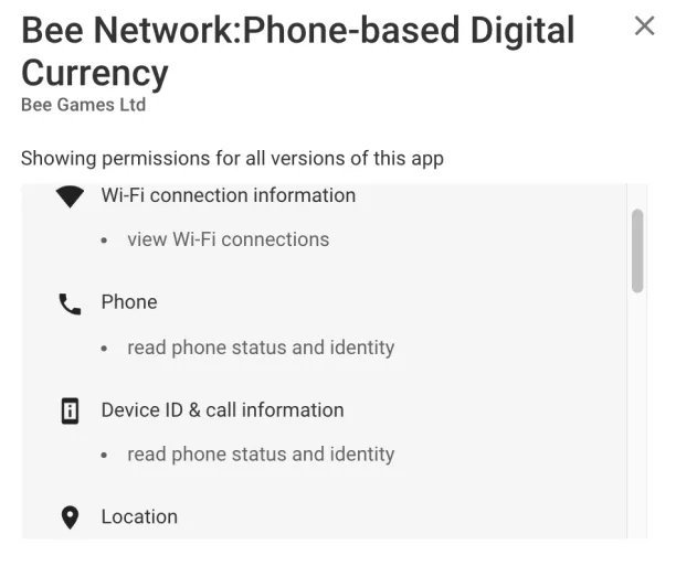 This picture shows the data that Bee network collects. They include:
Wi-FI connection information
Phone
Device ID & call information
Location