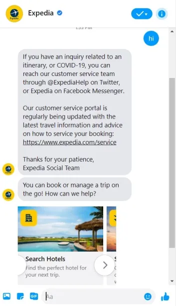 An image of Expedia's Facebook Messenger chat.