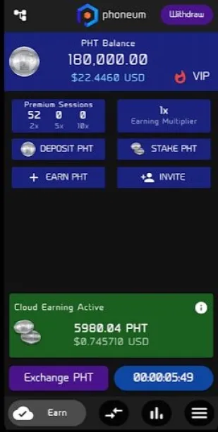 Screenshot from Phoneum app showing PHT balance