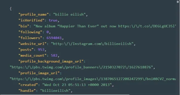 The image shows the the output of  "https://twitter.com/billieeilish" URL.  Bright Data's Data Collector extract information from social media platforms such as profile name, following & followers, and posts.
