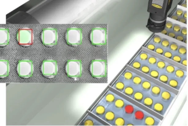 An example usage of AI pharma: AI-powered computer vision system detecting defective medicines as they move on the conveyor belt.