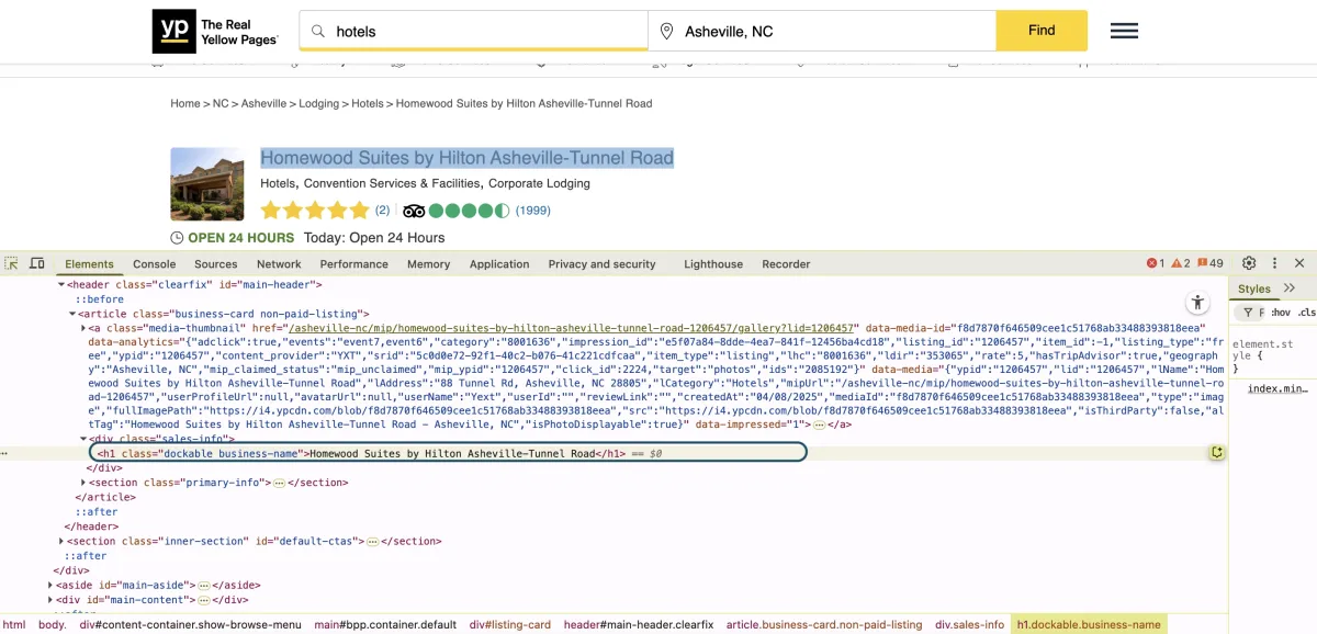 The image demonstrates how to locate the data on Yellow Pages and extract the required information. 