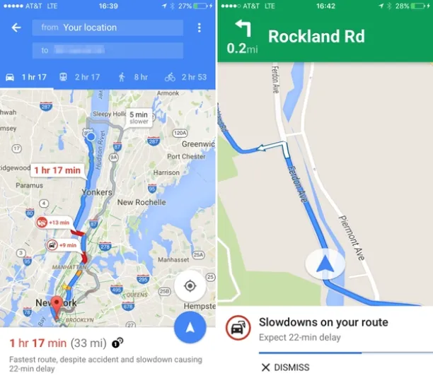 Screenshots of Google Maps' iOS application's user interface, showing the time and the distance to travel from Sleepy Hollow to Brooklyn.