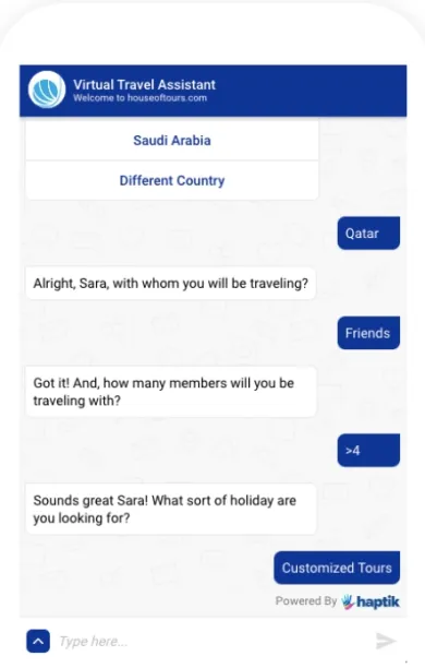 Chatbot collects customer information to reccomend a suitable vacation package for her.