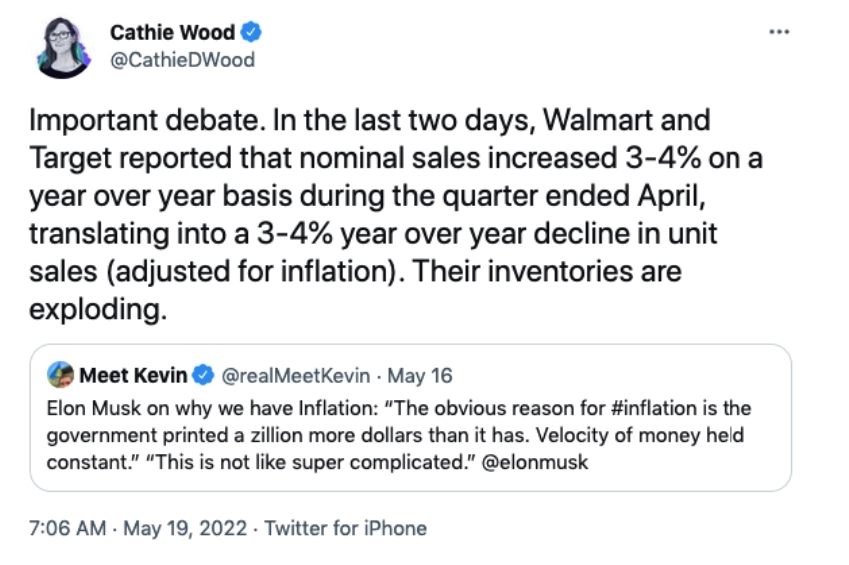 Cathie Wood, the CEO of Ark Invest, comments on the sales of companies such as Walmart and Target.