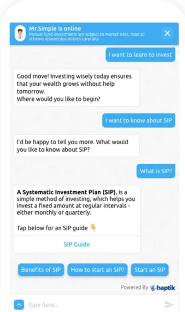Image demonstrates a chatbot teaches investment instruments to customers.