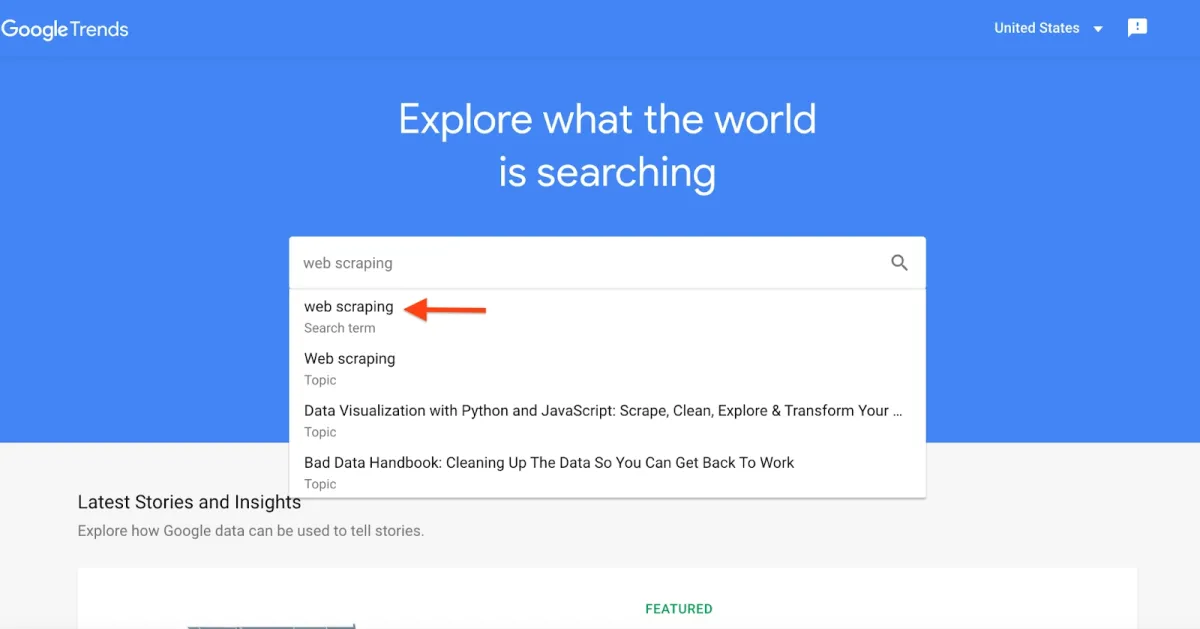 Google Trends search results for the query "web scraping."