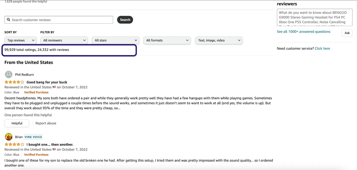 The image shows the total customer ratings and reviews for a gaming headset product.