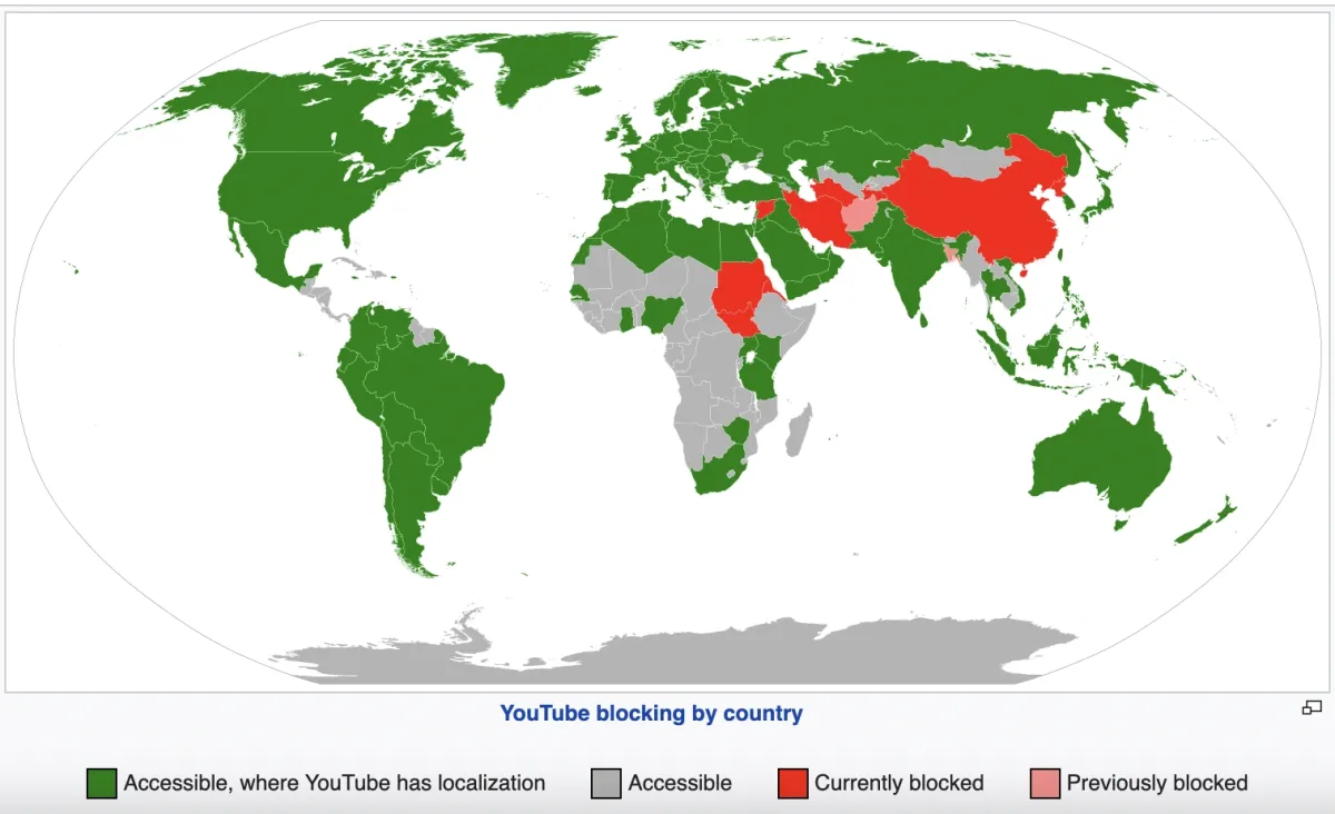 The image shows youtube blocking by countries.