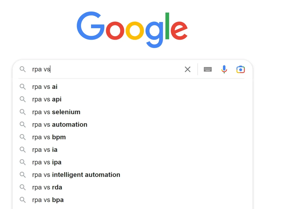 Screenshot of the results that show up when searching RPA. RPA vs RDA is one of the common results.
