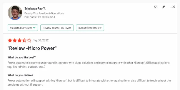 A user review on G2 highlights that Power Automate has good integration capabilities with other microsoft apps but integration is difficult with 3rd party apps