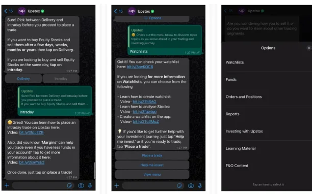Image shows the capabilities of WhatsApp chatbots for finance organizations.