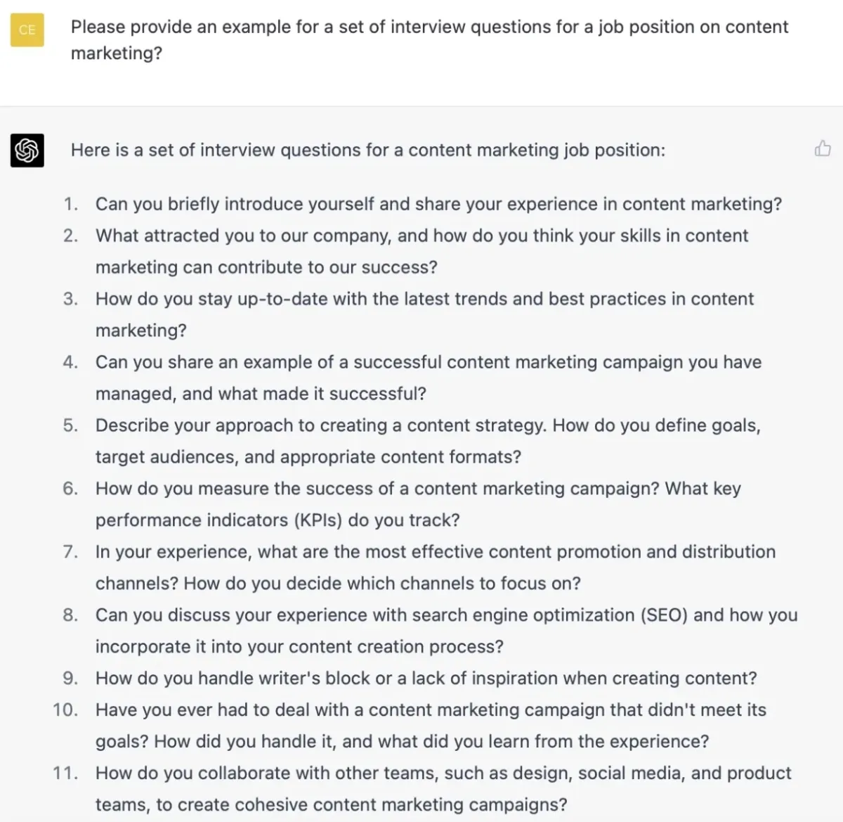 ChatGPT creates a set of interview questions for a job position.