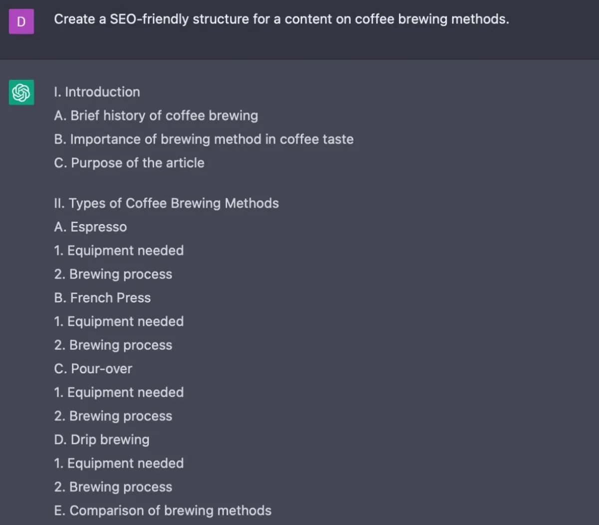 ChatGPT creates the structure of a content.