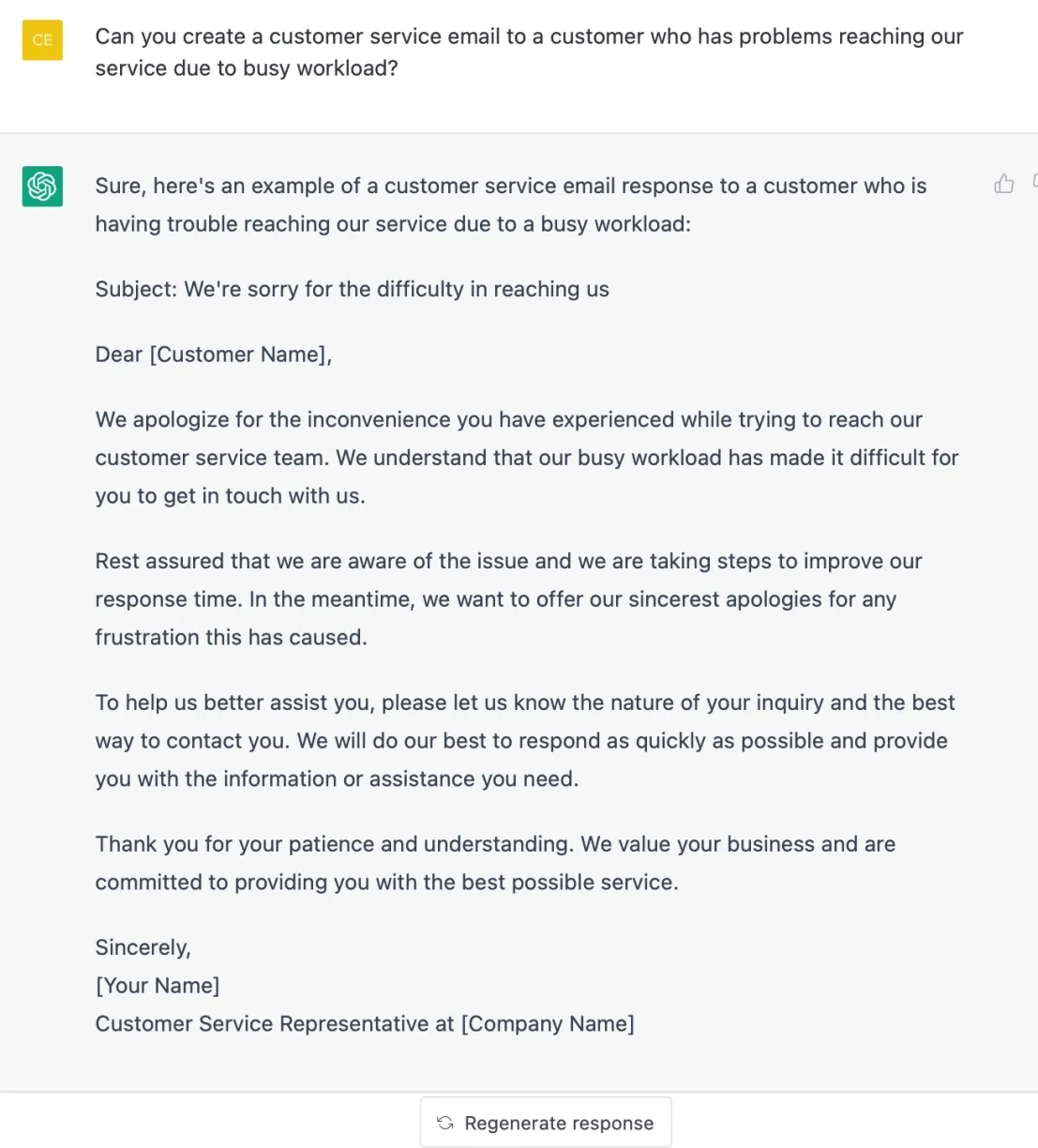 ChatGPT provides an email template for a certain customer problem.