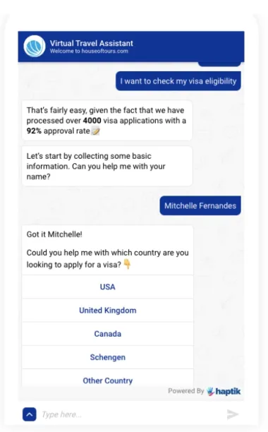 Hospitality chatbots can assist users during visa applications.