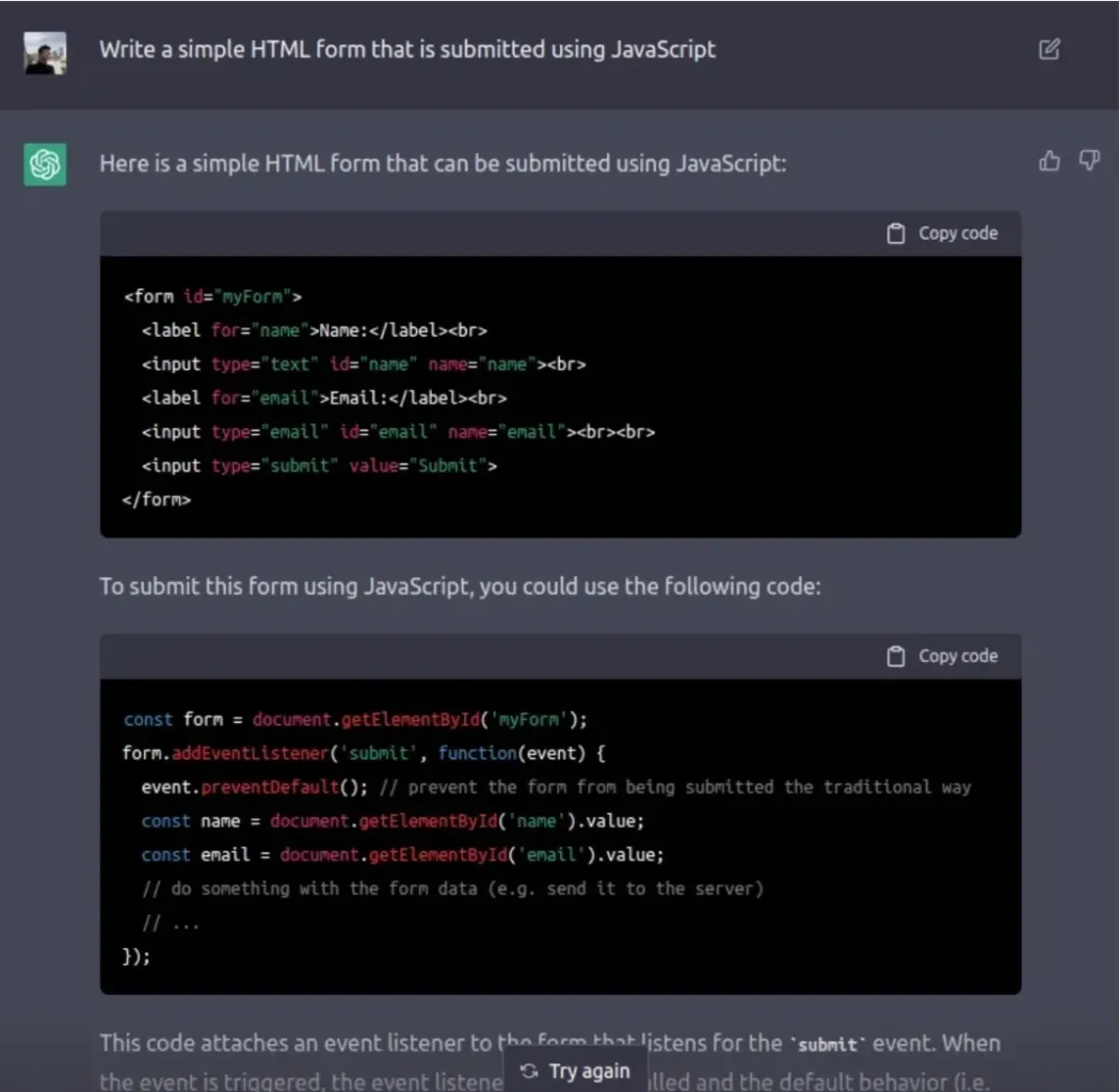 Generating an HTML form and JavaScript submit code with OpenAI’s ChatGPT.