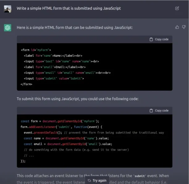 Generating an HTML form and JavaScript submit code with OpenAI’s ChatGPT.