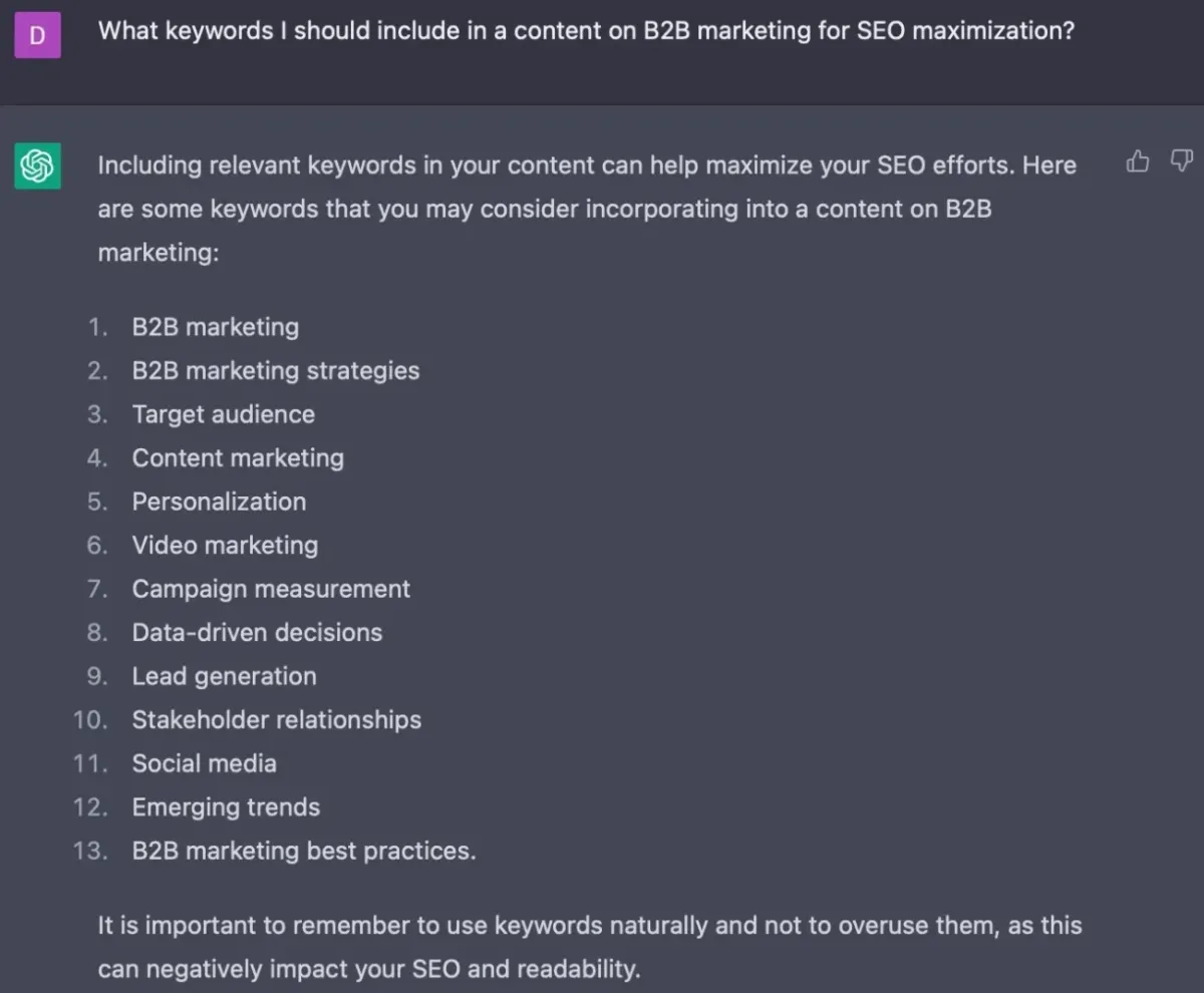 Generating keyword ideas for B2B marketing content with ChatGPT.
