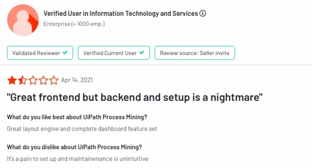UiPath process mining reviewer commenting on their experience with the tool. 
