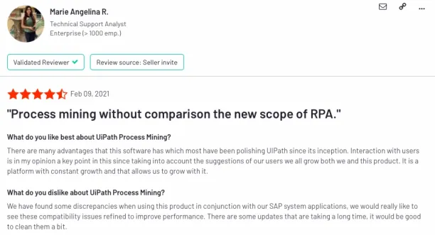 UiPath process mining reviewer commenting on their experience with the tool. 