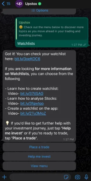 Image is an example of creating a watchlist via wealth management chatbot.