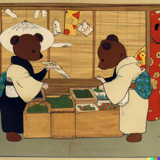This AI-generated image was produced based on the text description of “Teddy bears shopping for groceries in ukiyo-e style”.