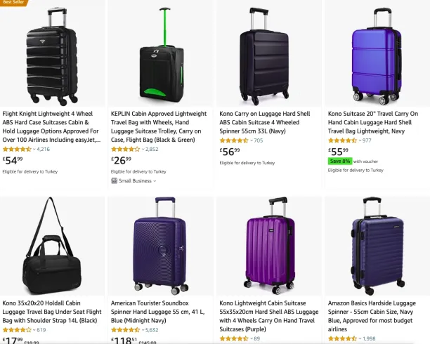 A screenshot of Amazon's carry-on listings. A benefit of competitor monitoring automation is that companies can scrape how their competitors are placing their ads. 