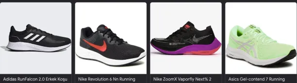 A screenshot of four pairs of running shoes showing up on Google for the search query, "running shoes." Nike's products own 2 of the 4 places. 
