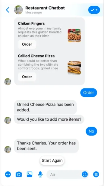 A restaurant chatbot takes the food orders of a customer.