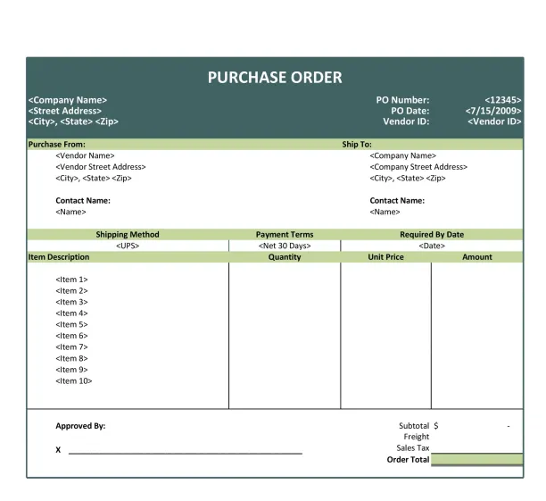 An image of a purchase order containing all the relevant info, sent from the buyer to the seller. Purchase order automation would automate the filling and sending of a purchase order.