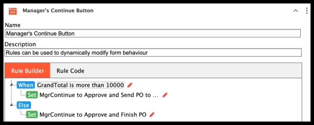 A screenshot of a rule-based workflow for software bots to follow when the order's quantity amount is more than 10,000 units. Purchase order automation can automatically verify POs or send them for manual approval of a staff. 