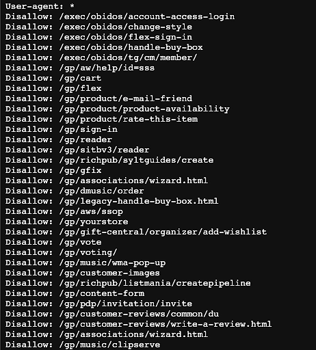 An example of a website's robot.txt file specifies which pages may be crawled and scraped.