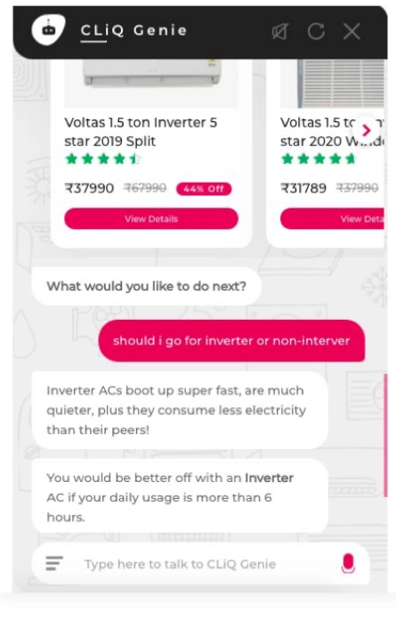 Image shows how Haptik's intelligent virtual assistant can understand user intent and respond accordingly to help them to discover new products/services.
