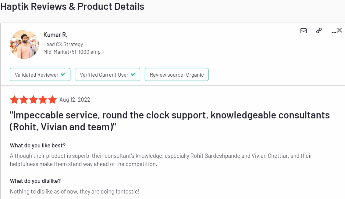Image shows an example of a user comment who was pleased regarding the advanced NLU capability of Haptik's AI platform.