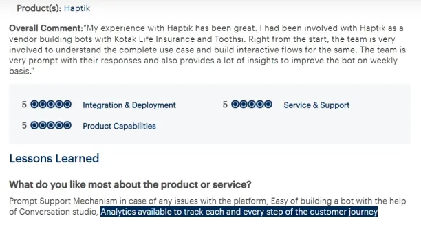 An example of a user comment that satisfy with conversational artificial intelligence and virtual assistant analytics of Haptik.