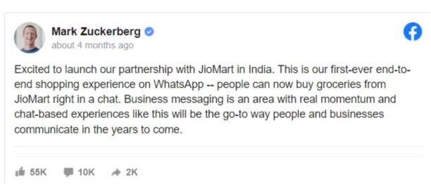 Marck Zuckerberg's, (CEO of Facebook Messenger and WhatsApp) comment on JioMart case study of Haptik.