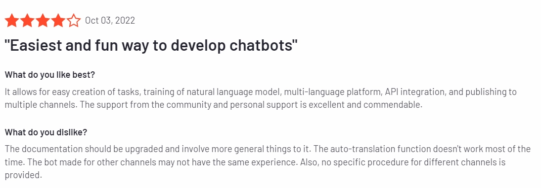 Image shows a business users comment regarding Kore.ai.