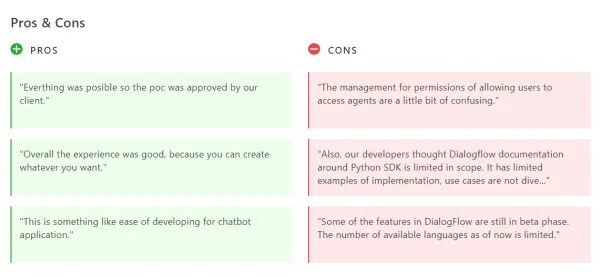 Image shows main pros and cons of Google Dialogflow. 