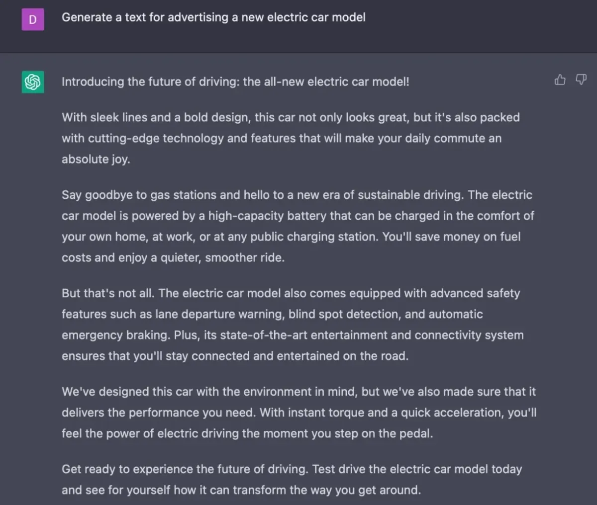 An example for generative AI in marketing: Content for advertising a new electric car model by using ChatGPT